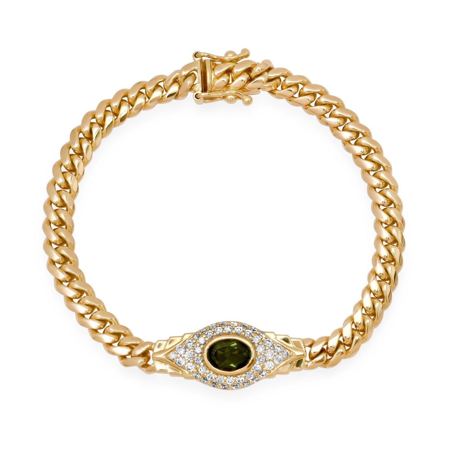 14k Gold Diamond and Gemstone Jumbo Evil Eye 2.0 Miami Cuban Link Bracelet