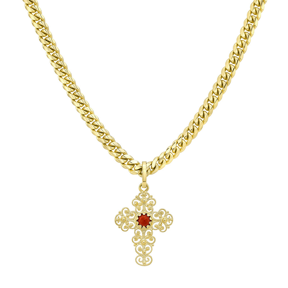 18k Yellow Gold Stone Baroque Cross Charm