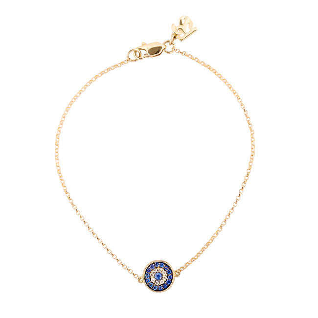 14k Gold Diamond Sapphire Evil Eye Disc Bracelet