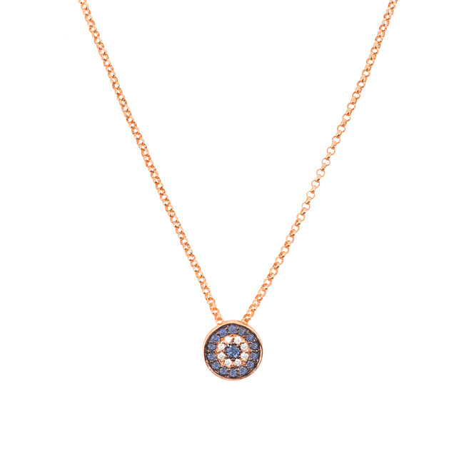 14k Gold Diamond Sapphire Evil Eye Disc Necklace