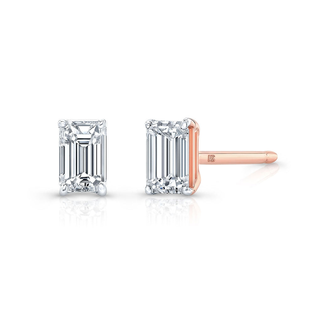 14k Gold Floating Emerald Cut Diamond Stud Earrings
