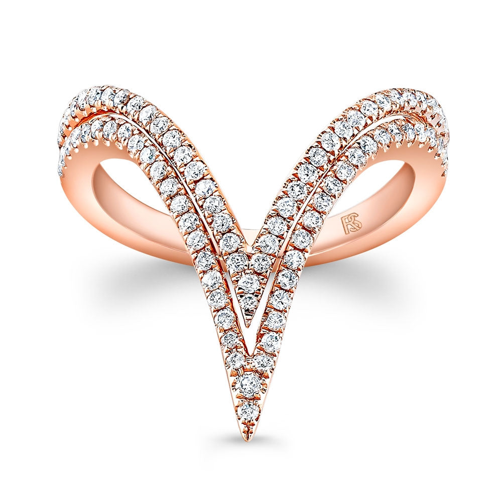 14k Gold Diamond Curved Double V Ring