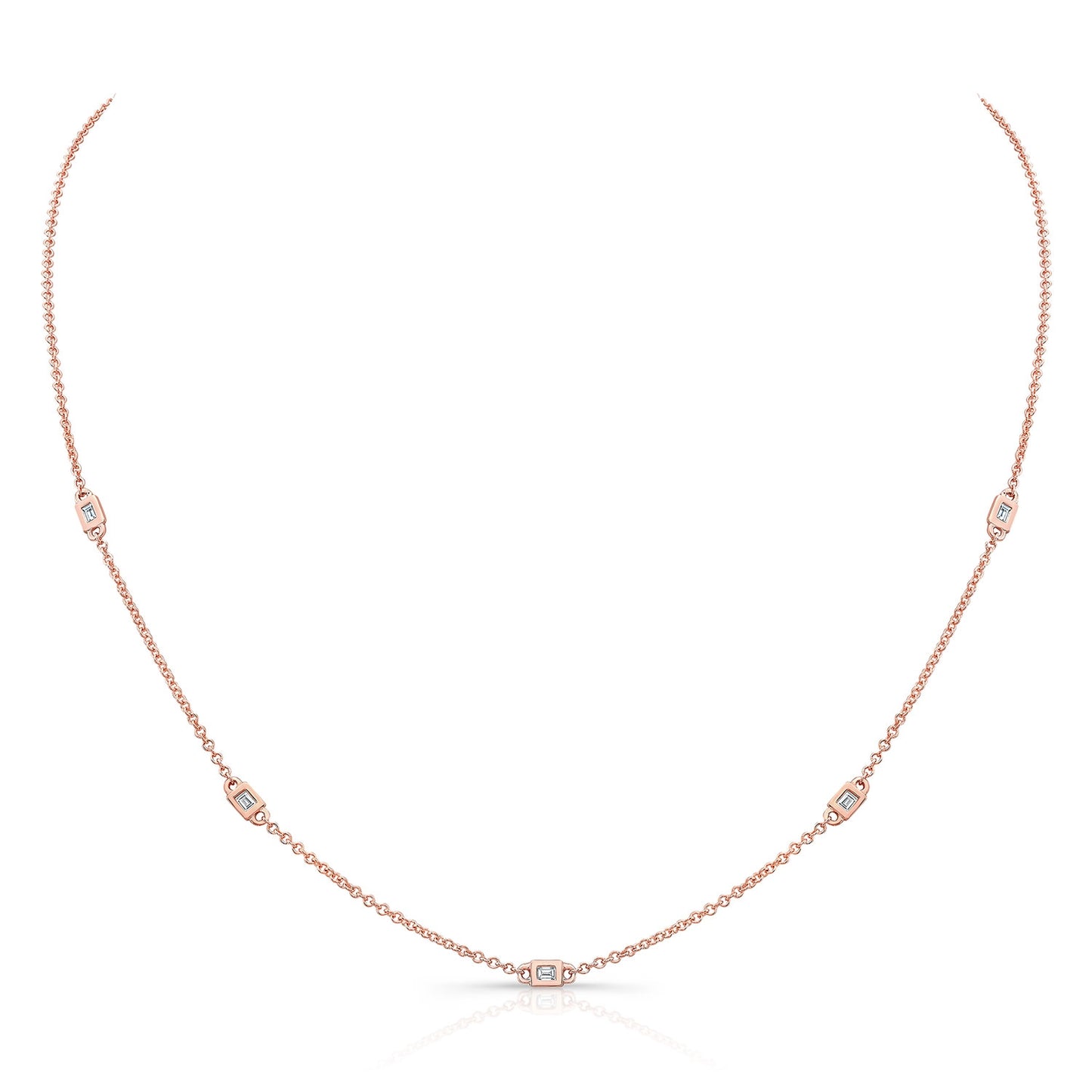 14k Gold 5 Bezel Baguette Diamond Station Necklace