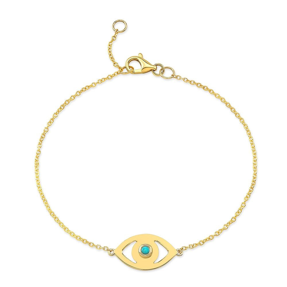 14k Gold Turquoise Bezel Evil Eye Bracelet