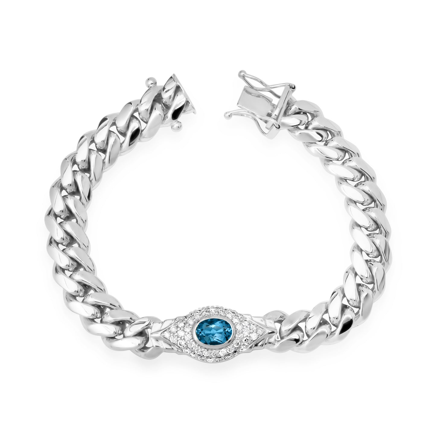 14k Gold Diamond and Gemstone Jumbo Evil Eye Thick Miami Cuban Link Bracelet