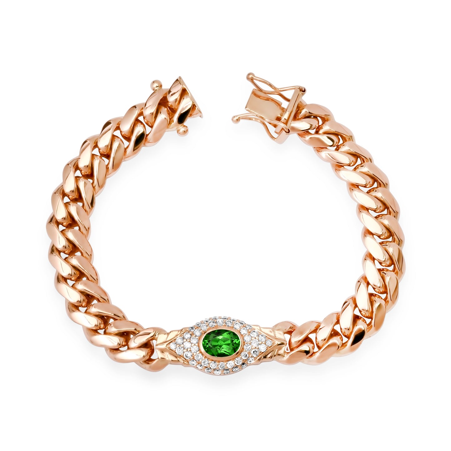 14k Gold Diamond and Gemstone Jumbo Evil Eye Thick Miami Cuban Link Bracelet