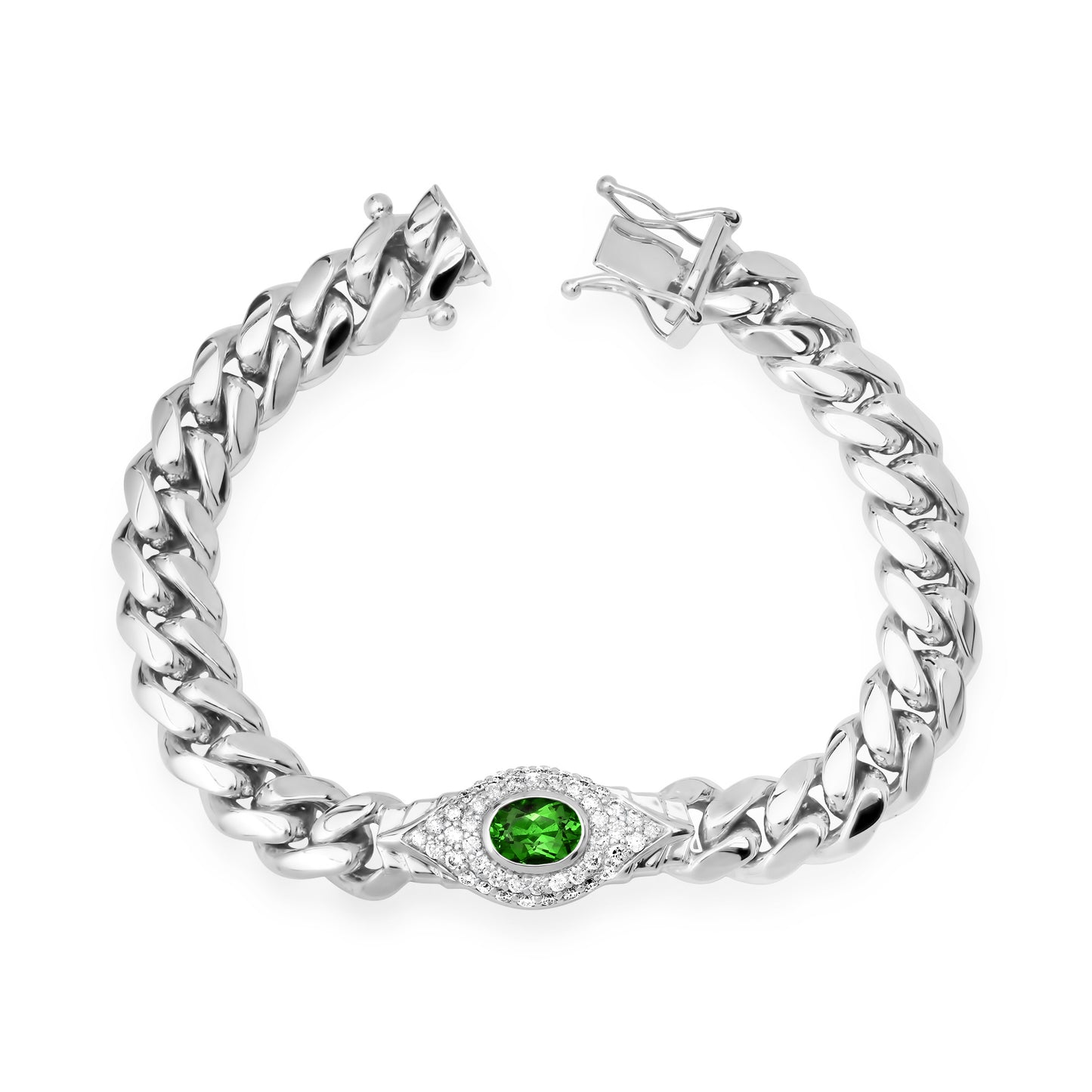14k Gold Diamond and Gemstone Jumbo Evil Eye Thick Miami Cuban Link Bracelet