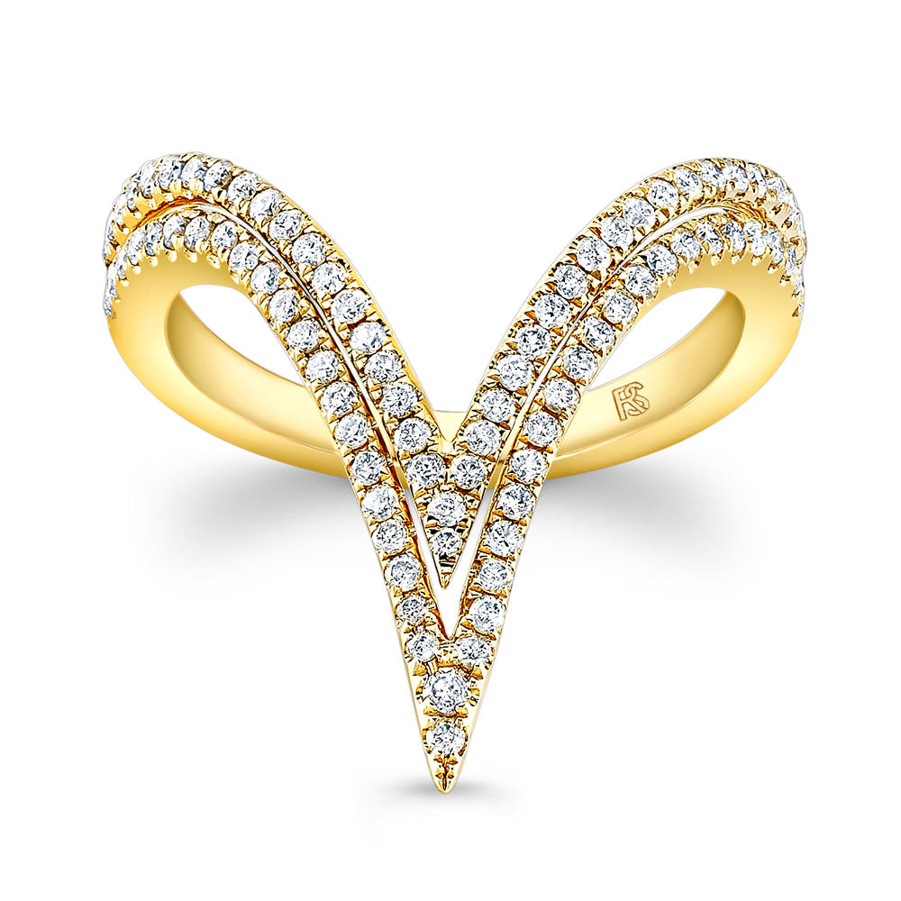 14k Gold Diamond Curved Double V Ring
