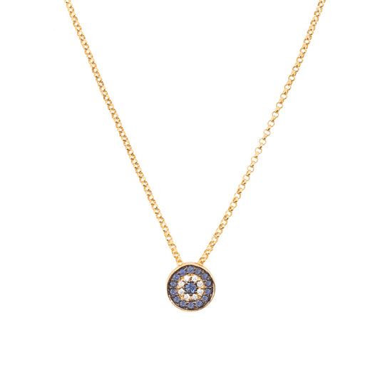 14k Gold Diamond Sapphire Evil Eye Disc Necklace