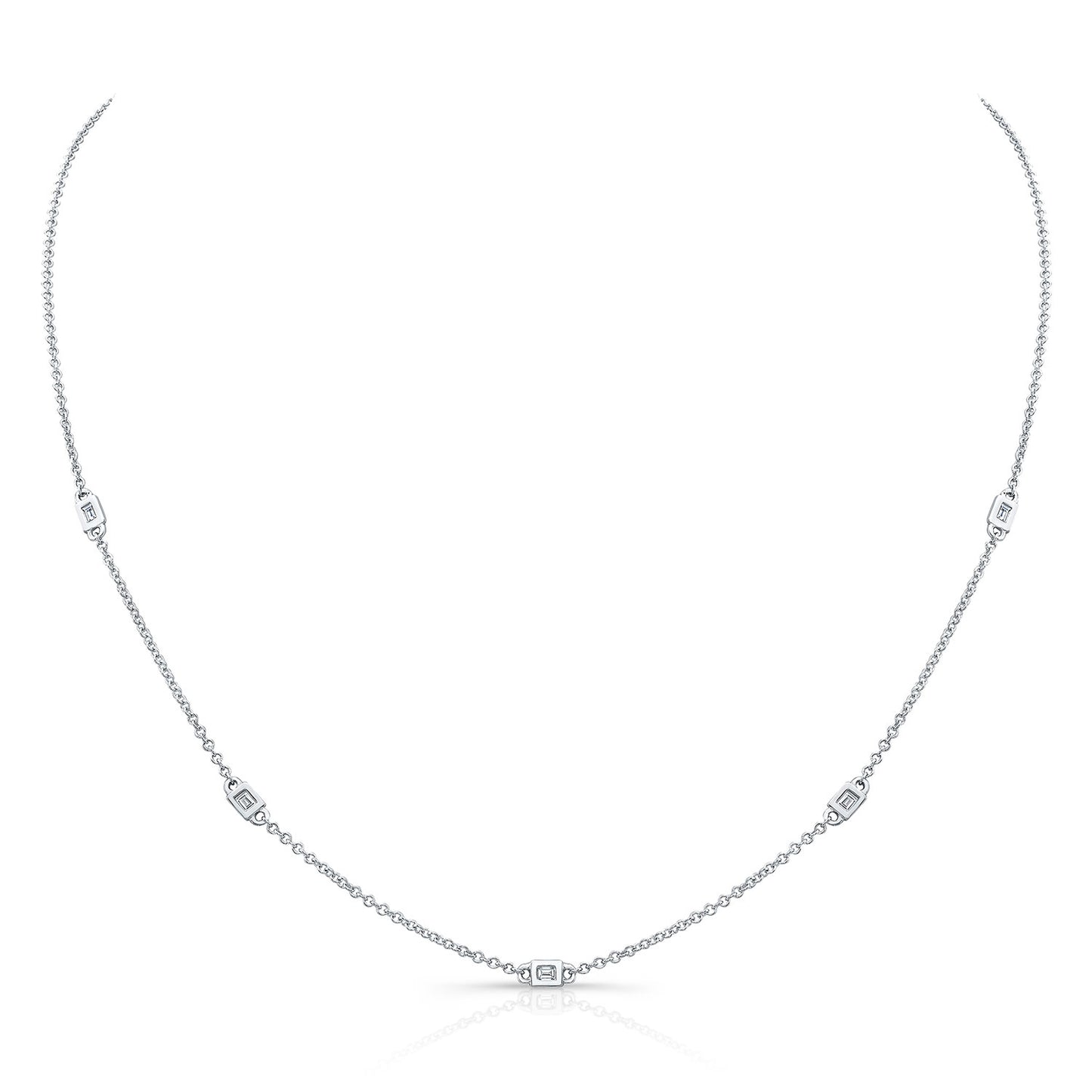 14k Gold 5 Bezel Baguette Diamond Station Necklace