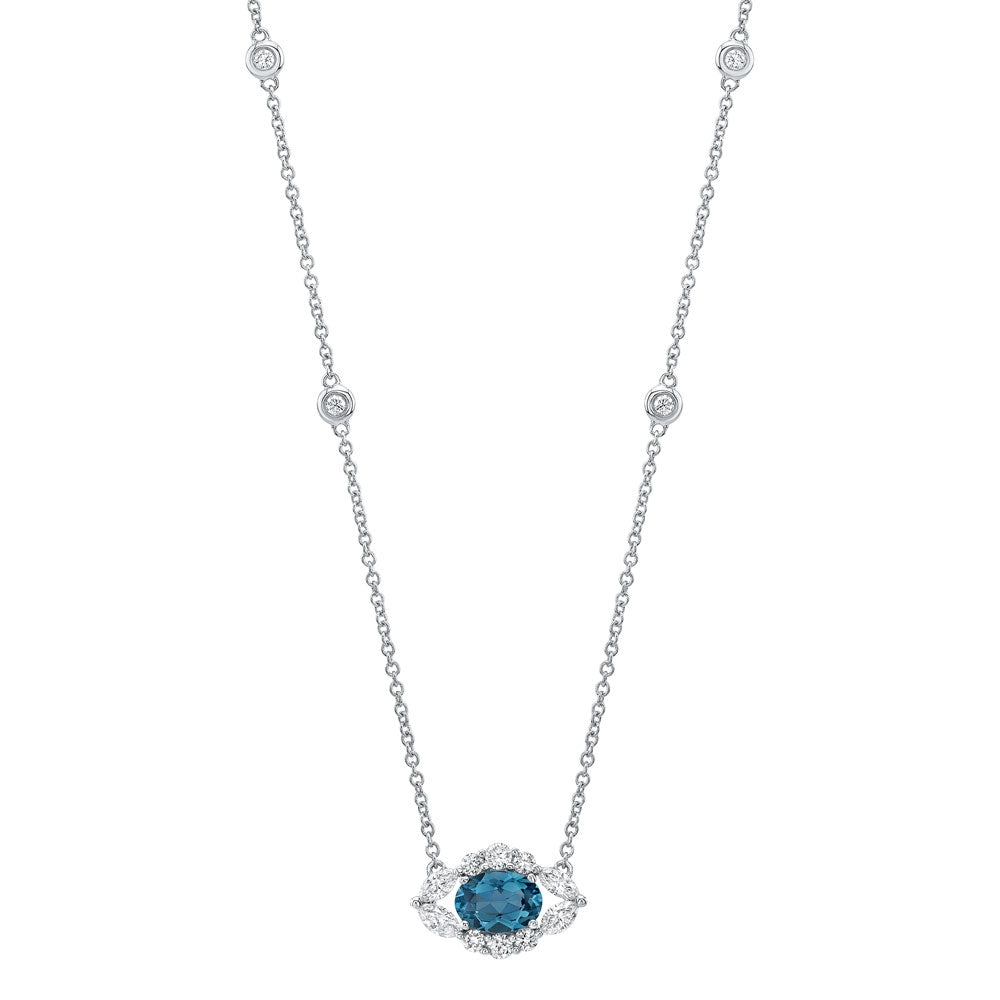14k Gold Diamond and Blue Topaz Oval Evil Eye Necklace