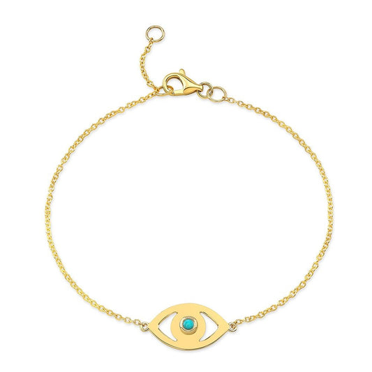 14k Gold Turquoise Bezel Evil Eye Bracelet