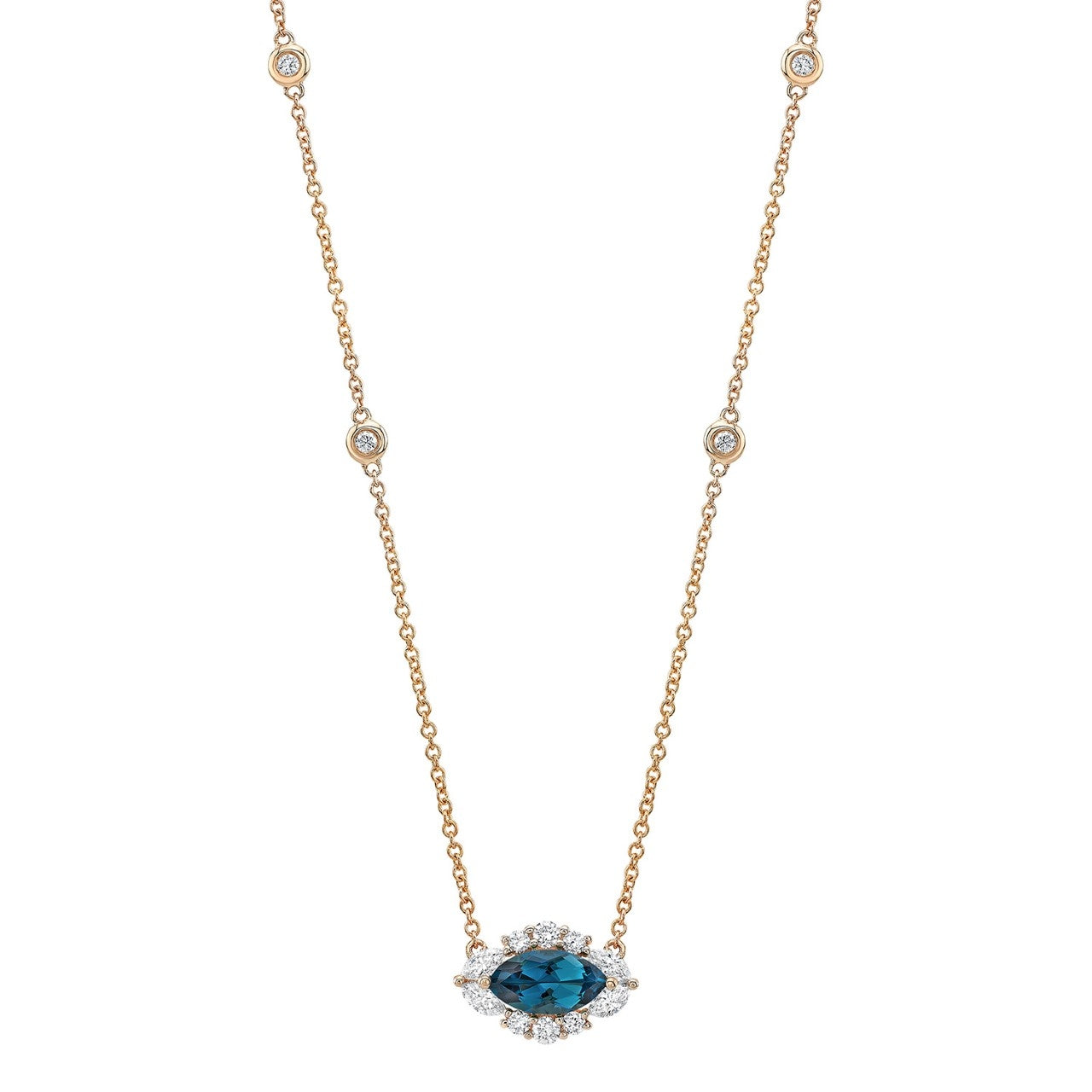 14k Gold Diamond and Blue Topaz Marquise Evil Eye Necklace