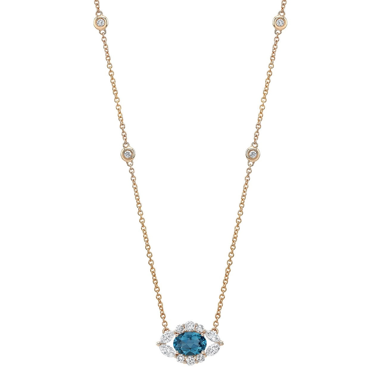 14k Gold Diamond and Blue Topaz Oval Evil Eye Necklace