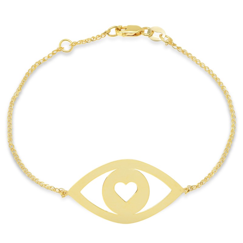 14k Yellow Gold Evil Eye Heart Bracelet