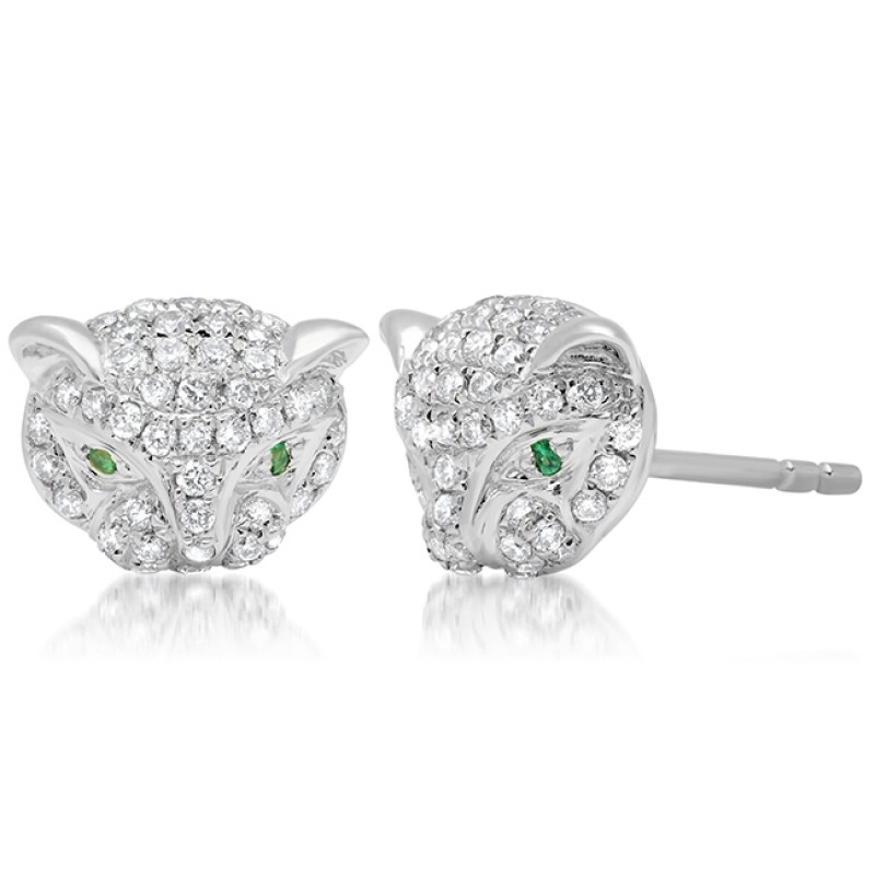 14k White Gold Diamond Emerald Panther Stud Earrings 
