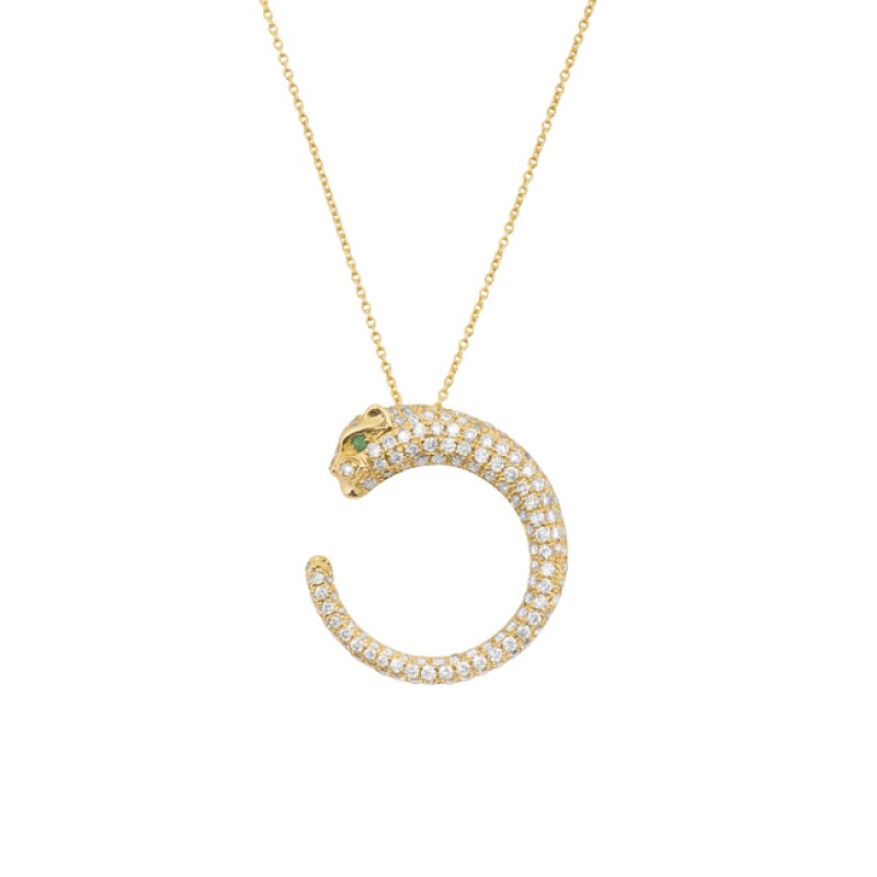 14k Yellow Gold Diamond Emerald Panther Necklace