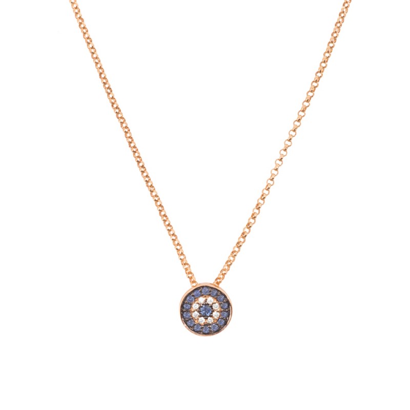 14k Rose Gold Diamond Sapphire Evil Eye Disc Necklace