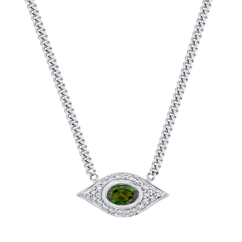 14k White Gold Diamond Oval Green Tourmaline Evil Eye Necklace