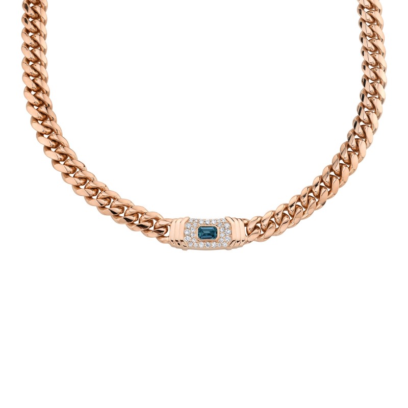 14k Rose Gold Diamond Blue Topaz Miami Cuban Link Necklace