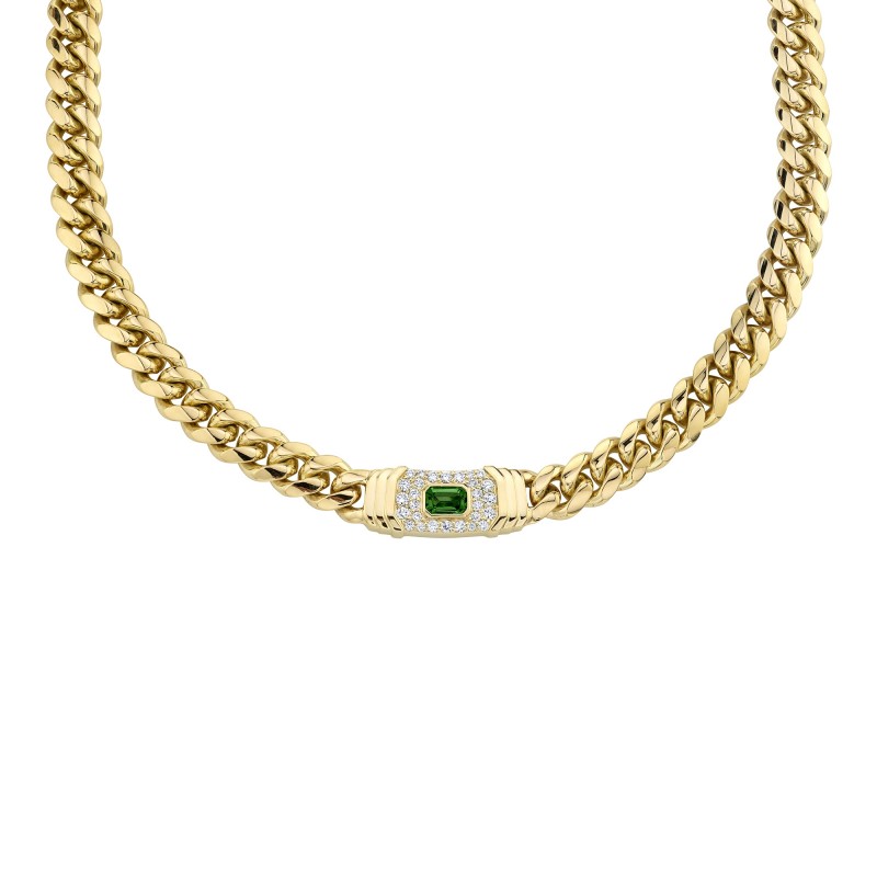 14k Yellow Gold Diamond Green Tourmaline Miami Cuban Link Necklace