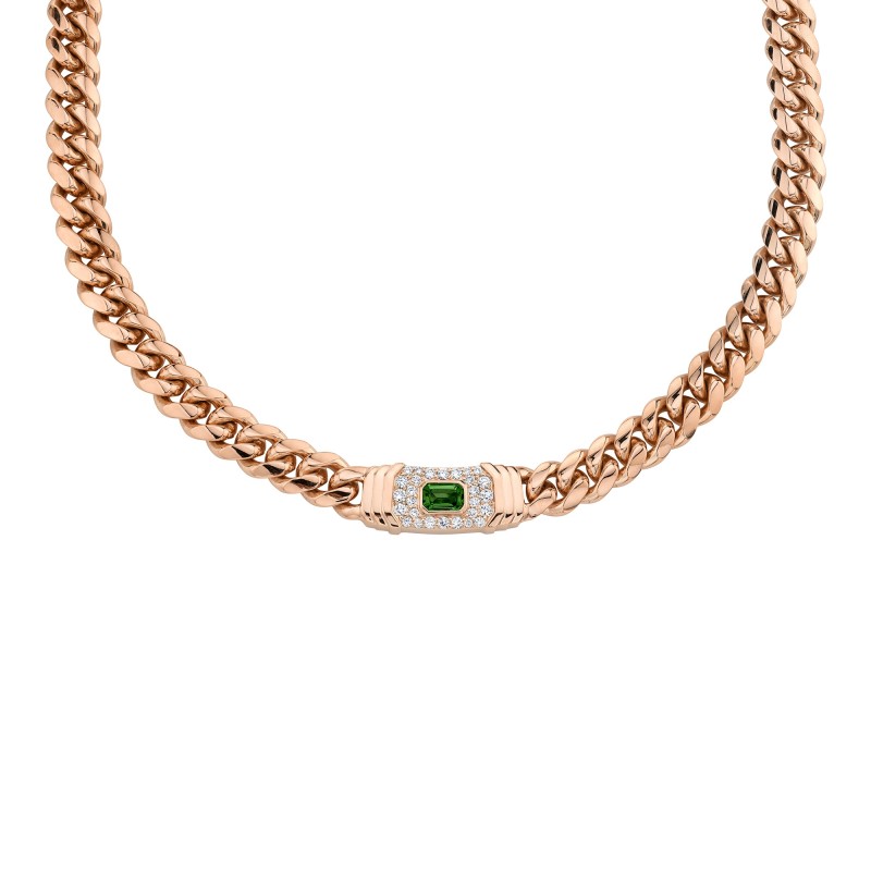 14k Rose Gold Diamond Green Tourmaline Miami Cuban Link Necklace