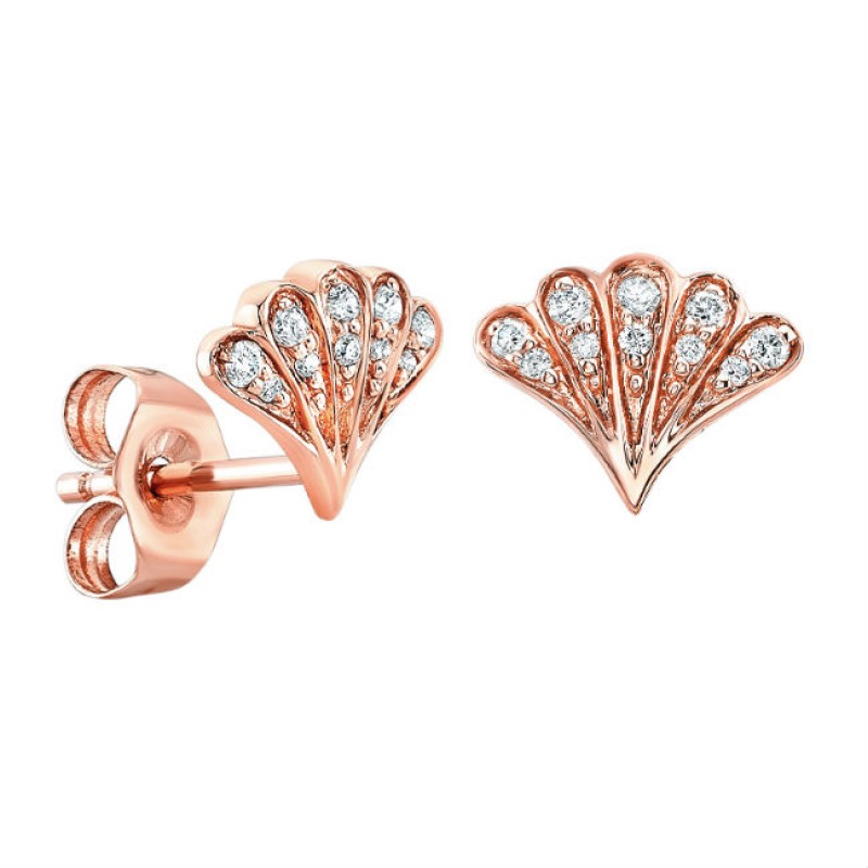 14k Rose Gold Pave Diamond Shell Stud Earrings
