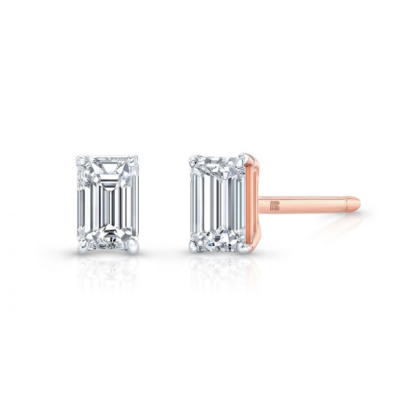 14k Rose Gold Floating Emerald Cut Diamond Stud Earrings
