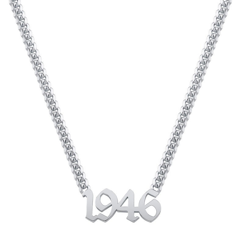 14k White Gold Miami Cuban Link Old English Year Nameplate Necklace