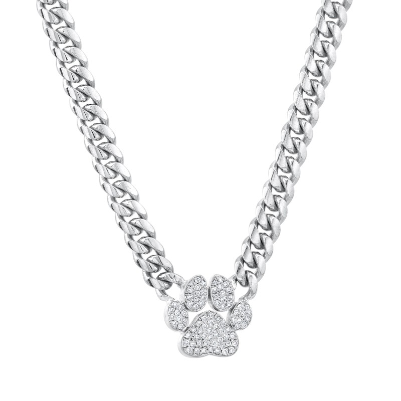 14k White Gold Thick Miami Cuban Link Dog Paw Necklace
