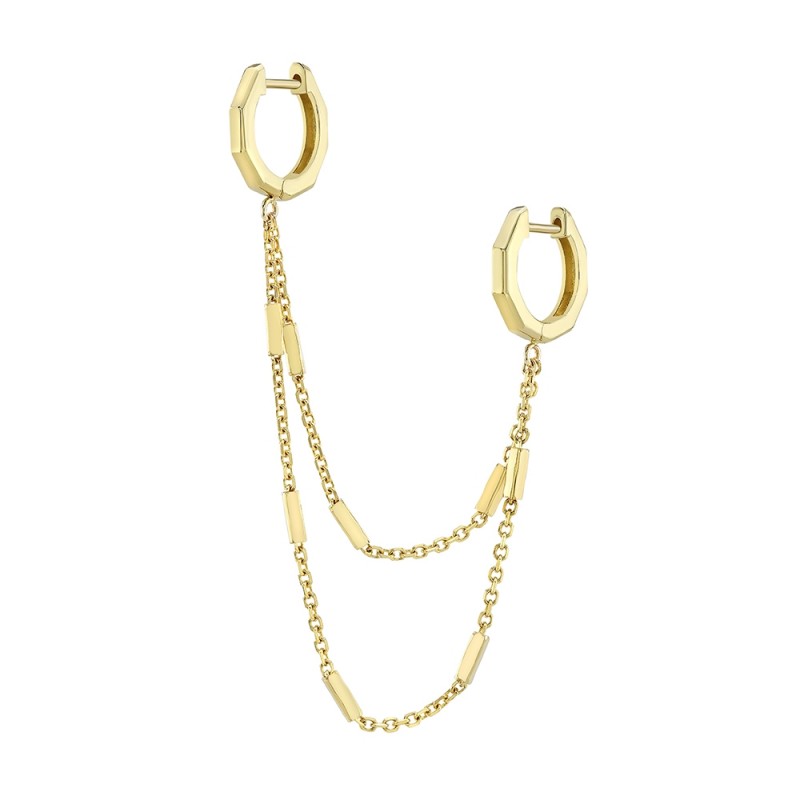 14k Yellow Gold Double Chained Angled Huggie Hoop Earrings