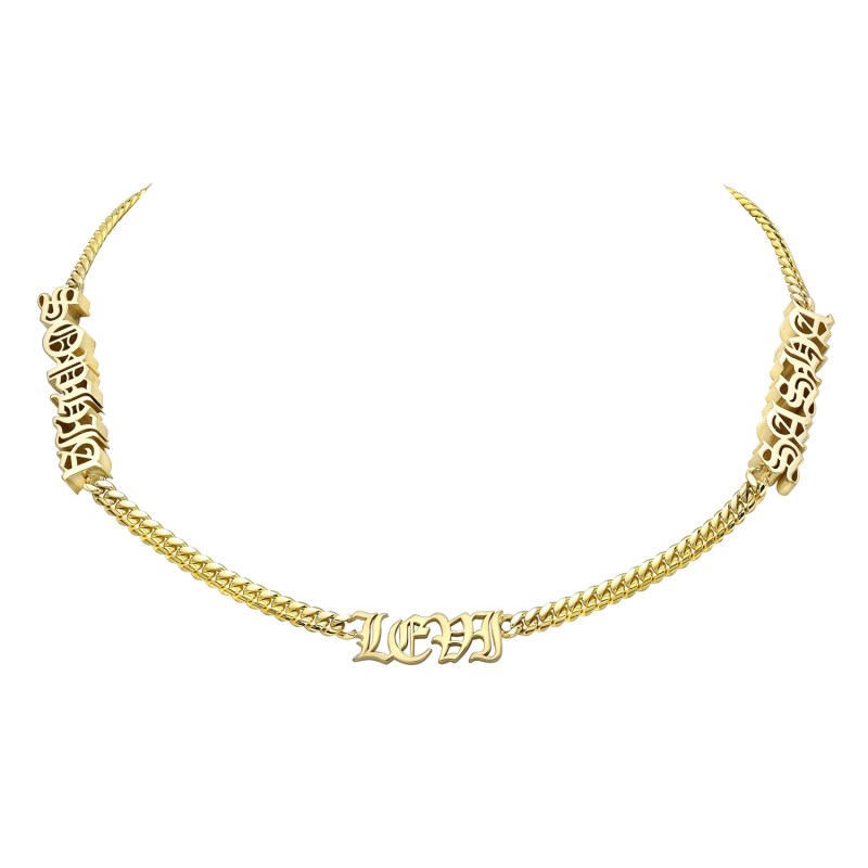 14k Yellow Gold Thick Miami Cuban Link Personalized Old English Triple Nameplate Necklace