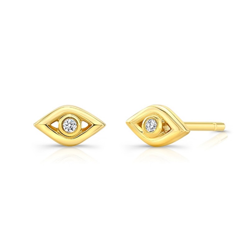 14k Yellow Gold Diamond Mini Evil Eye Earrings