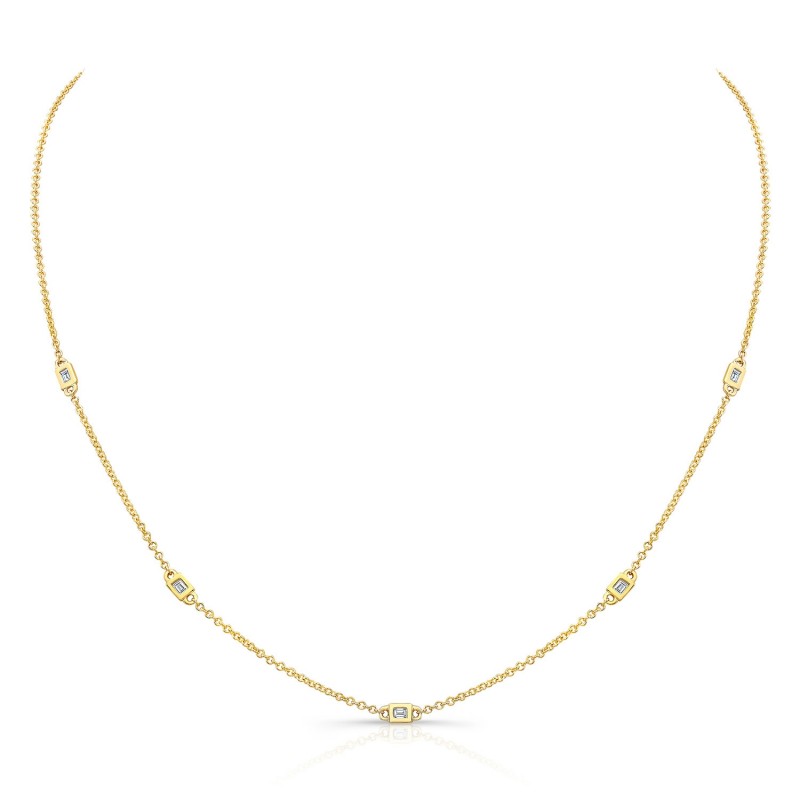 14k Yellow Gold 5 Bezel Baguette Diamond Station Necklace