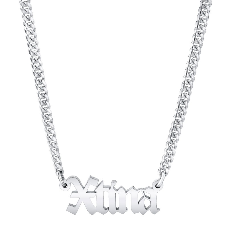 14k White Gold Mini Cuban Link Personalized Old English Nameplate Necklace