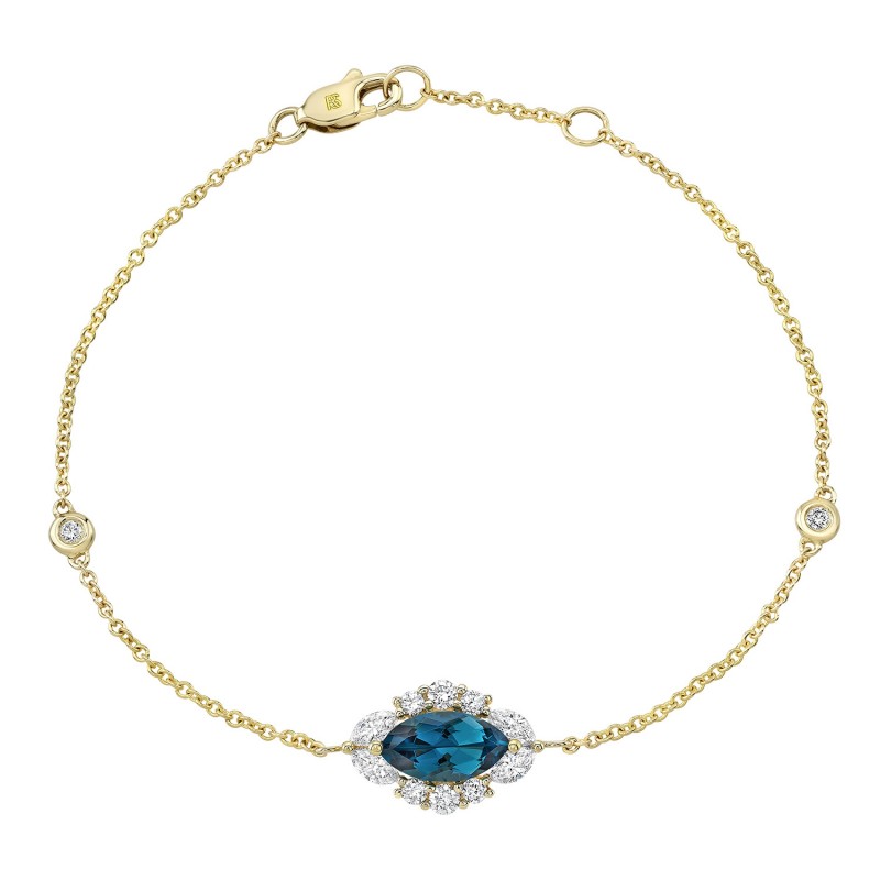 14k Yellow Gold Diamond and Blue Topaz Marquise Evil Eye Bracelet