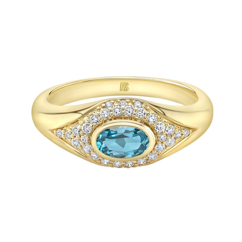 14k Yellow Gold Diamond Blue Topaz Evil Eye Dome Ring