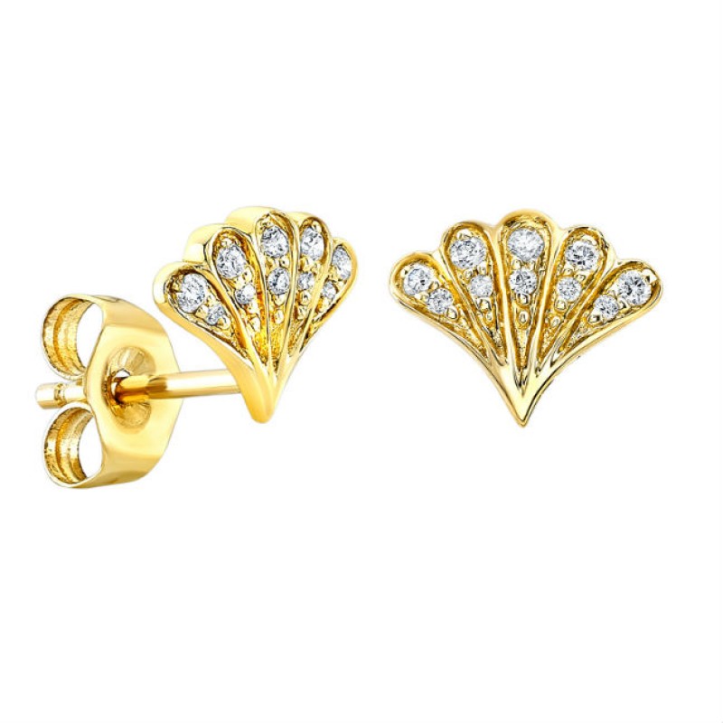 14k Yellow Gold Pave Diamond Shell Stud Earrings