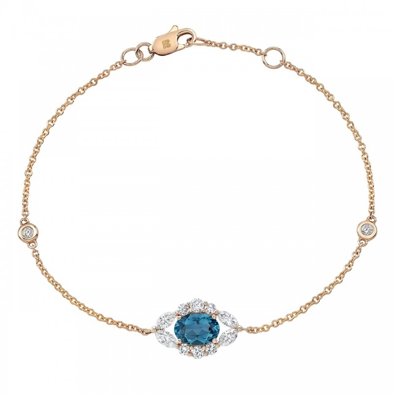 14k Rose Gold Diamond and Blue Topaz Oval Evil Eye Bracelet