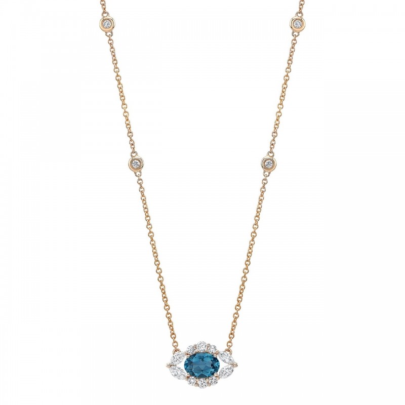 14k Rose Gold Diamond and Blue Topaz Oval Evil Eye Necklace