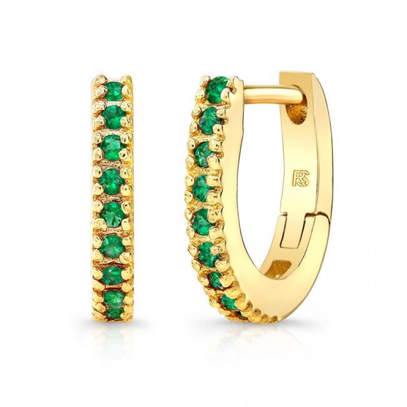 14K Yellow Gold Emerald Huggie Hoops With Security Latch