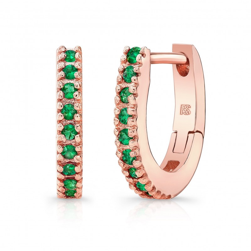 14K Rose Gold Emerald Huggie Hoops With Security Latch