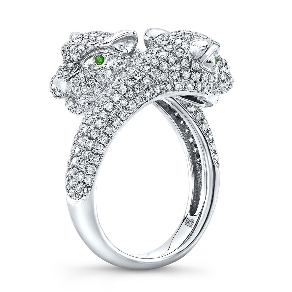 14k White Gold Diamond Emerald Panther Ring