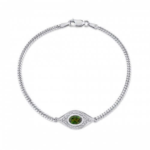14k White Gold Diamond Oval Green Tourmaline Evil Eye Bracelet