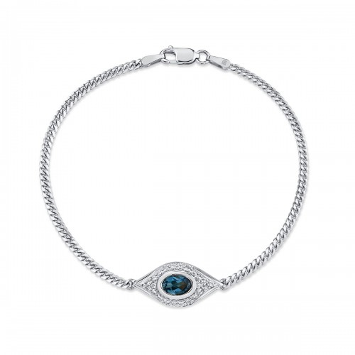 14k White Gold Diamond Oval Blue Topaz Evil Eye Bracelet